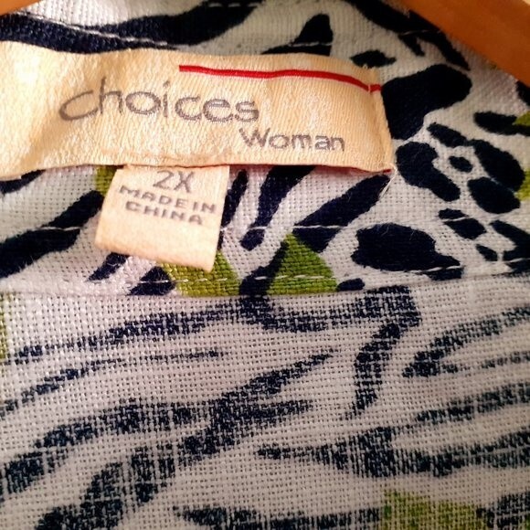 Choices  100% Linen Open Front Floral B&W Zebra Stripes Sleeve Women's Blazer 2X - Picture 10 of 11